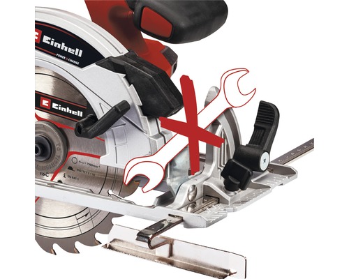 Logo společnosti Einhell. Obrázek ruční okružní pily se symbolem zákazu používání nářadí.