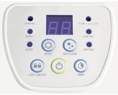 Ovládací panel vodního čerpadla s digitálním displejem, tlačítka pro posílení, samočištění, časovač a zámek