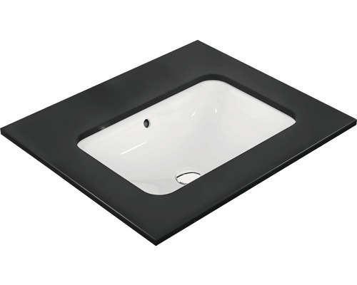 Umyvadlo s obdélníkovým tvarem a černým okrajem.