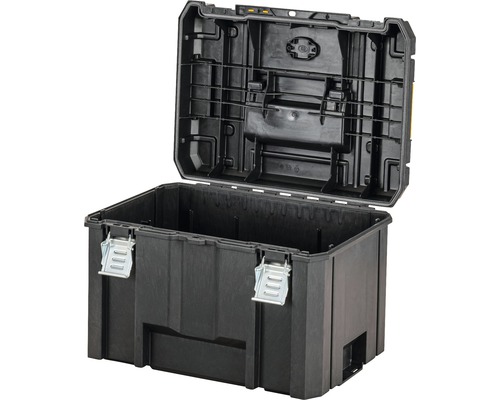 Otevřený černý plastový box na nářadí