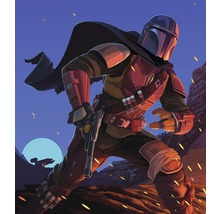 Ilustrace postavy Mandaloriana v brnění s puškou v pouštní krajině.