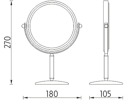 Technický výkres kulatého stojacího zrcadla o rozměrech 270 x 180 x 105 milimetrů