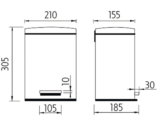 Technický nákres pedálového odpadkového koše s rozměry