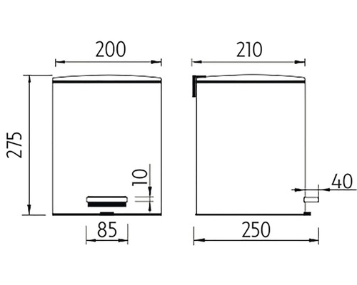 Technický výkres odpadkového koše s pedálem s rozměry