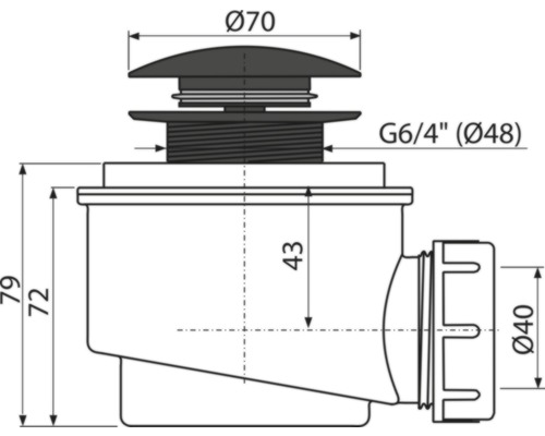 Technický výkres odtokového ventilu s příslušnými rozměry