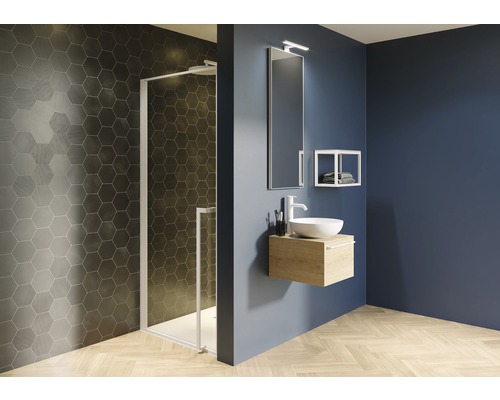 Sprchové dveře do niky Riho Lucid GD101 100x200 cm barva rámu černá GD110B000 Moderní koupelna se sprchou, umyvadlem a zrcadlem