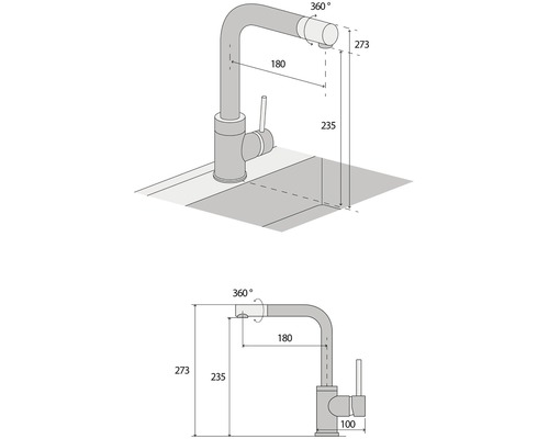 Technický výkres kuchyňské baterie s rozměry