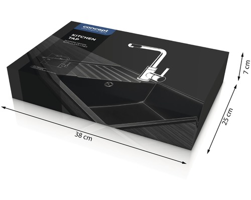 Balení kuchyňského dřezu s vodovodní baterií o rozměrech 38 x 25 x 7 cm