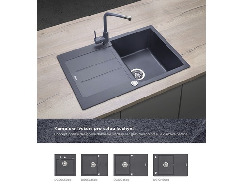 Granitový dřez s odkapávací plochou a vodovodní baterií