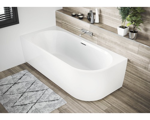 Rohová vana Riho DESIRE Velvet rohová P 184x84 cm BD0510500000000 Vestavěná vana v moderní koupelně s dřevěnou podlahou a akcentní stěnou