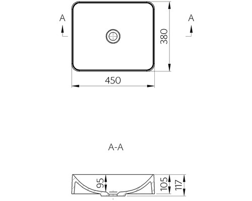Technický nákres obdélníkového umyvadla na desku o rozměrech 450 x 380 mm