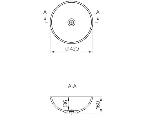 Technický nákres kulatého umyvadla na desku s rozměry