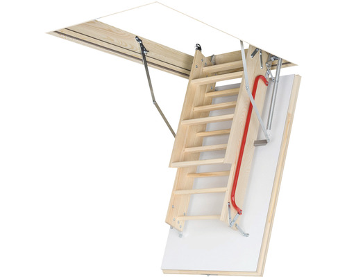 Rozložené dřevěné půdní schody s červeným madlem