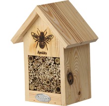 Dřevěný hmyzí hotel s motivem divoké včely a hnízdními trubkami