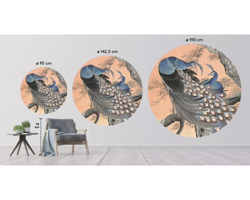 Ilustrace pávů jako nástěnná malba ve třech různých velikostech o průměru 95 centimetrů, 142,5 centimetrů a 190 centimetrů.