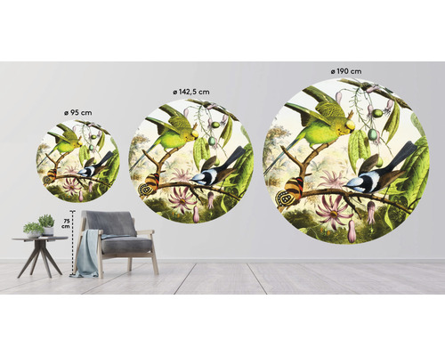 Tři nástěnné kruhy s motivy ptáků v různých velikostech, průměr 95 cm, 142,5 cm a 190 cm.