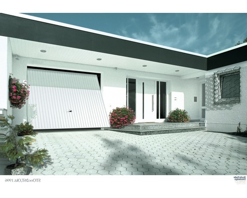 Výklopná garážová vrata Ecostar 2375x2000 mm, bílá, vč. pohonu Moderní dům s částečně otevřenými garážovými vraty