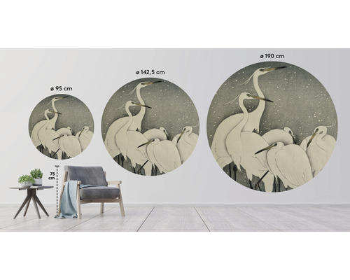Nástěnná dekorace s motivem volavky ve třech různých velikostech, průměr 95 centimetrů, průměr 142,5 centimetrů a průměr 190 centimetrů
