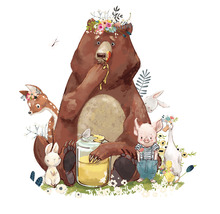 Ilustrace medvěda s medem obklopeného lesními zvířaty.