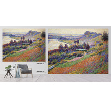 Nástěnná malba s motivem krajiny v pointilistickém stylu, rozměry 243 x 184 centimetrů a 340 x 254 centimetrů