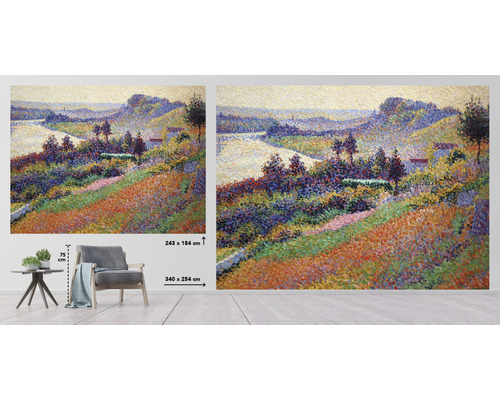 Nástěnná malba s motivem krajiny v pointilistickém stylu, rozměry 243 x 184 centimetrů a 340 x 254 centimetrů