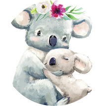 Ilustrace matky koaly s květinovým věncem objímající své mládě