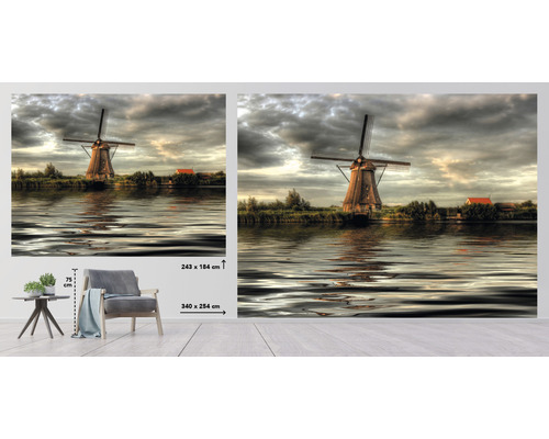 Foto tapeta s větrným mlýnem a jezerem, rozměry 243 x 184 cm a 340 x 254 cm