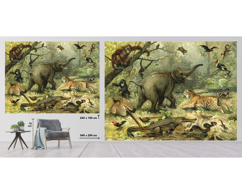 Ilustrace scény džungle se slonem, tygrem a krokodýlem jako nástěnná dekorace