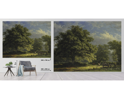 Nástěnná malba s motivem lesa v klasickém stylu, rozměry 243 krát 184 centimetrů a 340 krát 254 centimetrů