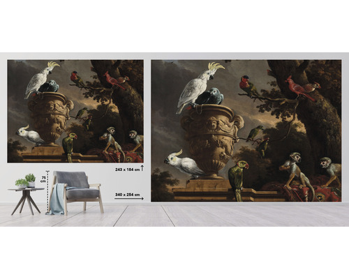 Nástěnná malba s opicemi a ptáky ve stylu vintage, 340 x 254 centimetrů