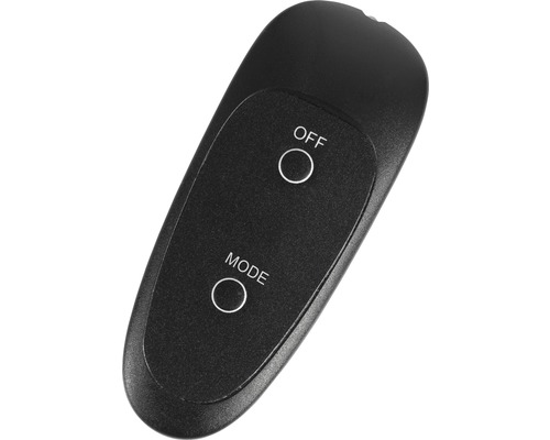 Černé dálkové ovládání s nápisy ''Off'' a ''Mode''.