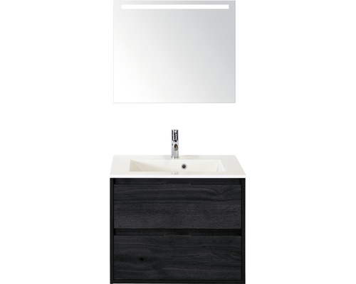Koupelnový nábytkový set Sanox Porto barva čela black oak ŠxVxH 70,5 x 56,5 x 50,5 cm s umyvadlem z minerální litiny a zrcadlem s LED osvětlením