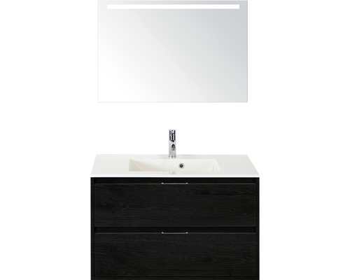 Koupelnový nábytkový set Sanox Porto barva čela black oak ŠxVxH 90,5 x 170 x 50,5 cm s umyvadlem z minerální litiny a zrcadlem s LED osvětlením