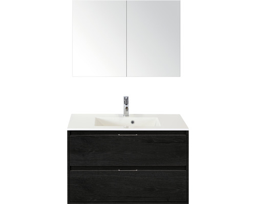 Koupelnový nábytkový set Sanox Porto barva čela black oak ŠxVxH 90 x 75 x 52 cm s umyvadlem z minerální litiny a zrcadlovou skříňkou