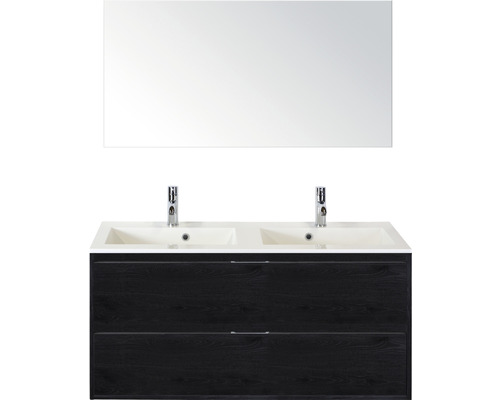 Koupelnový nábytkový set Sanox Porto barva čela black oak ŠxVxH 120 x 75 x 52 cm s dvojitým umyvadlem z minerální litiny a zrcadlem