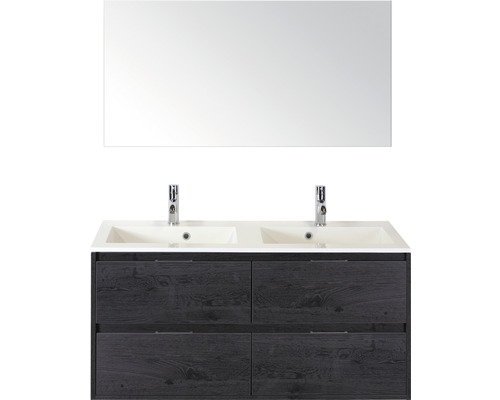 Koupelnový nábytkový set Sanox Porto barva čela black oak ŠxVxH 120 x 75 x 52 cm s dvojitým umyvadlem z minerální litiny a zrcadlem