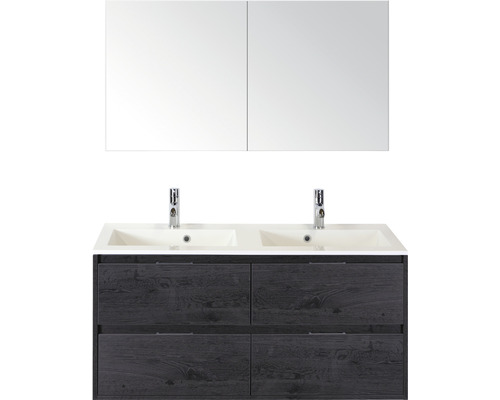 Koupelnový nábytkový set Sanox Porto barva čela black oak ŠxVxH 120 x 75 x 52 cm s dvojitým umyvadlem z minerální litiny a zrcadlovou skříňkou