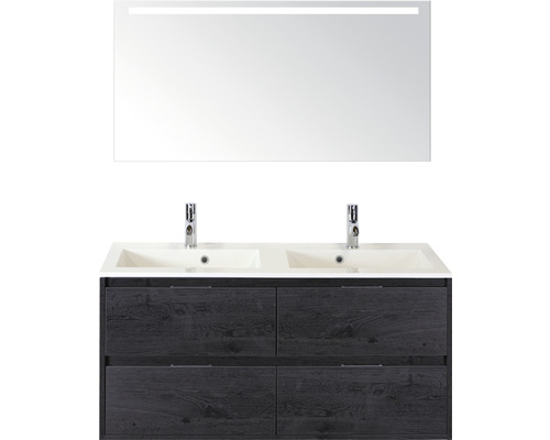 Koupelnový nábytkový set Sanox Porto barva čela black oak ŠxVxH 120,5 x 170 x 50,5 cm s umyvadlem z minerální litiny a zrcadlem s LED osvětlením