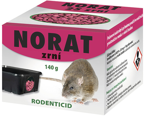 Nástraha k hubení myší domácích, potkanů a krys Norat zrní 140 g Balení rodenticidu Norat obilí s myší a nádobou na návnady.