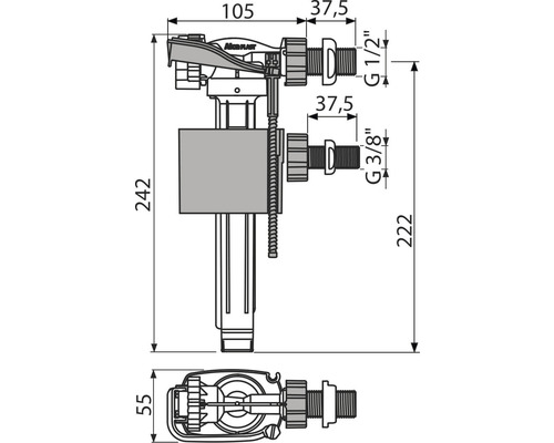 Technický nákres plovákového ventilu s rozměry