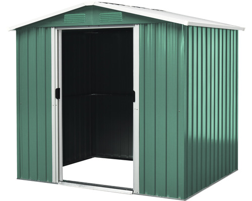 Otevřená kovová zahradní bouda s posuvnými dveřmi.