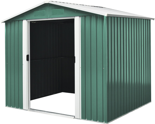 Kovová zahradní bouda s otevřenými posuvnými dveřmi