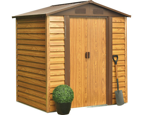 Zahradní skříň s dvoukřídlými dveřmi a lopatou