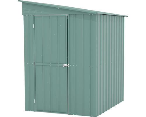 Kovový zahradní domek s pultovou střechou a dveřmi