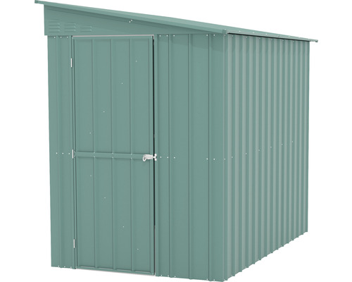 Kovová zahradní kůlna s pultovou střechou a jedněmi dveřmi