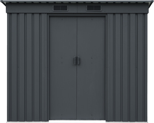 Kovový zahradní domek s dvoukřídlými dveřmi a větracími mřížkami
