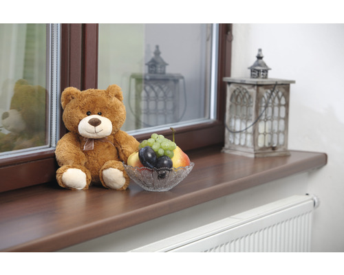Medvídek, mísa s ovocem a ozdobná lucerna na okenním parapetu