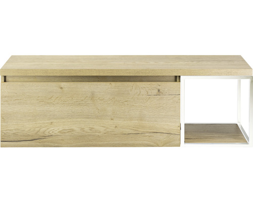 Koupelnová skříňka pod umyvadlo Sanox Frozen dub přírodní 140,2 x 43,6 x 45 cm Dřevěná skříňka pod umyvadlo s jednou zásuvkou a otevřenou policí