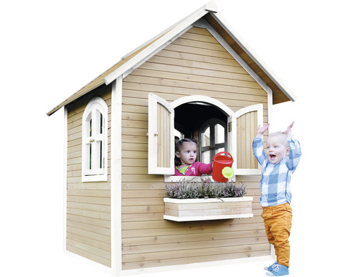 Dřevěný hrací domek se dvěma dětmi, jedno s konví