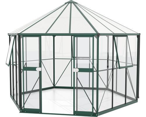 Šestiúhelníkový skleník s průhlednými stěnami a střechou